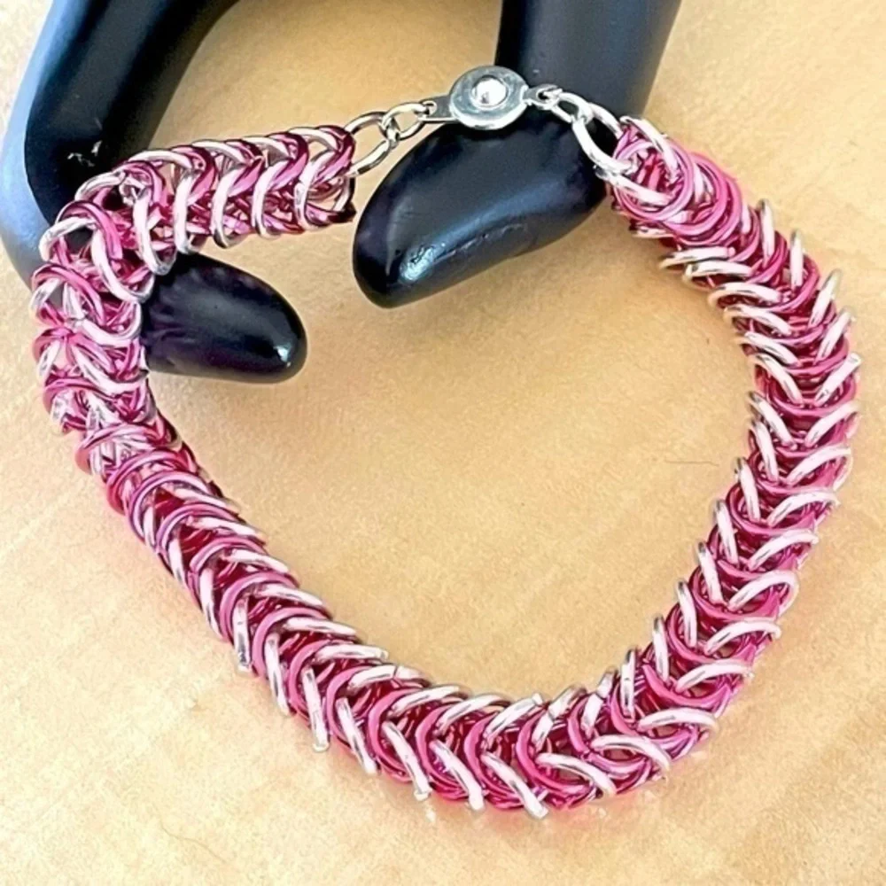 $49 SALE Handmade Neon Pink Silver Chainmail Bracelet Button Clasp Hand Linked